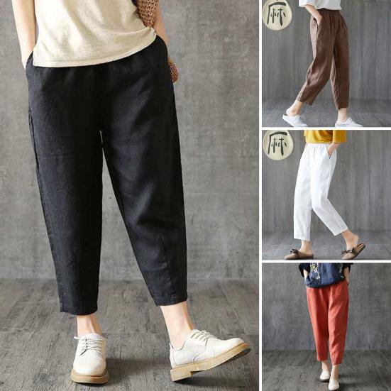 Women Harem Pants Solid Color Loose Fit Slacks with Pockets Elastic High Waist Retro Casual Trousers Streetwear