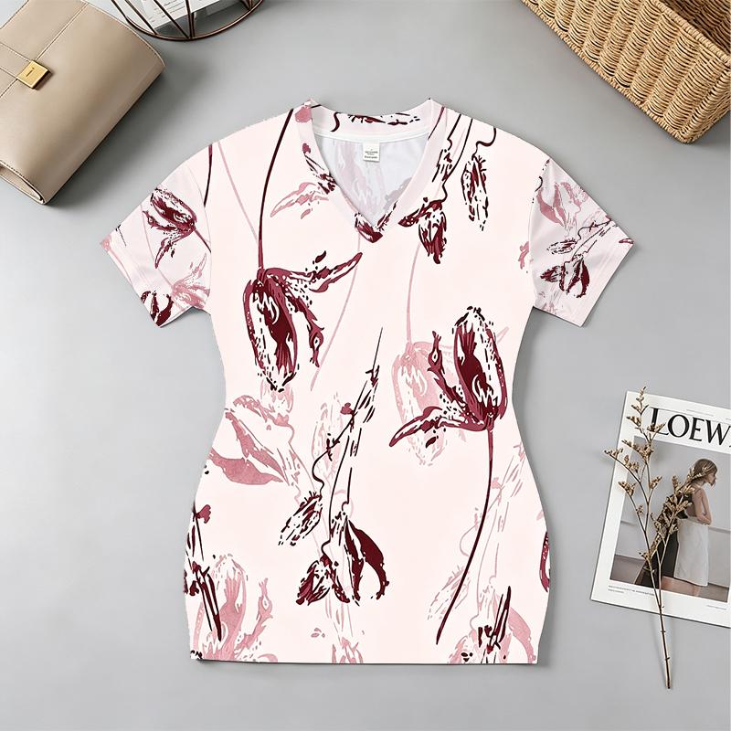 Women's Sweet Cool Short Sleeve Floral Bodycon Dress V-Neck,Fitted Soft Fabric,Versatile for Beach Vacation Afternoon Tea