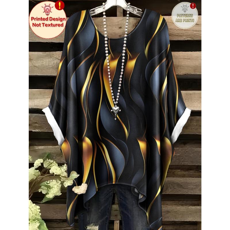 Summer European and American Style Large Size Plus Night Gold Flow Pattern Printed Bat Sleeve Round Neck T-Shirt
