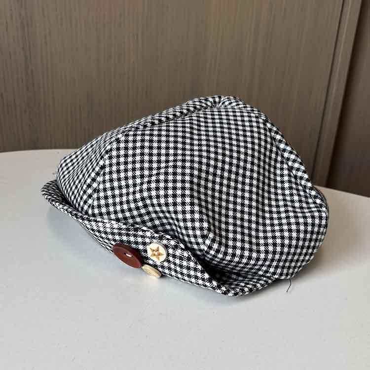 Handmade button bow beret women's plaid face small cloud hat retro versatile literary painter hat