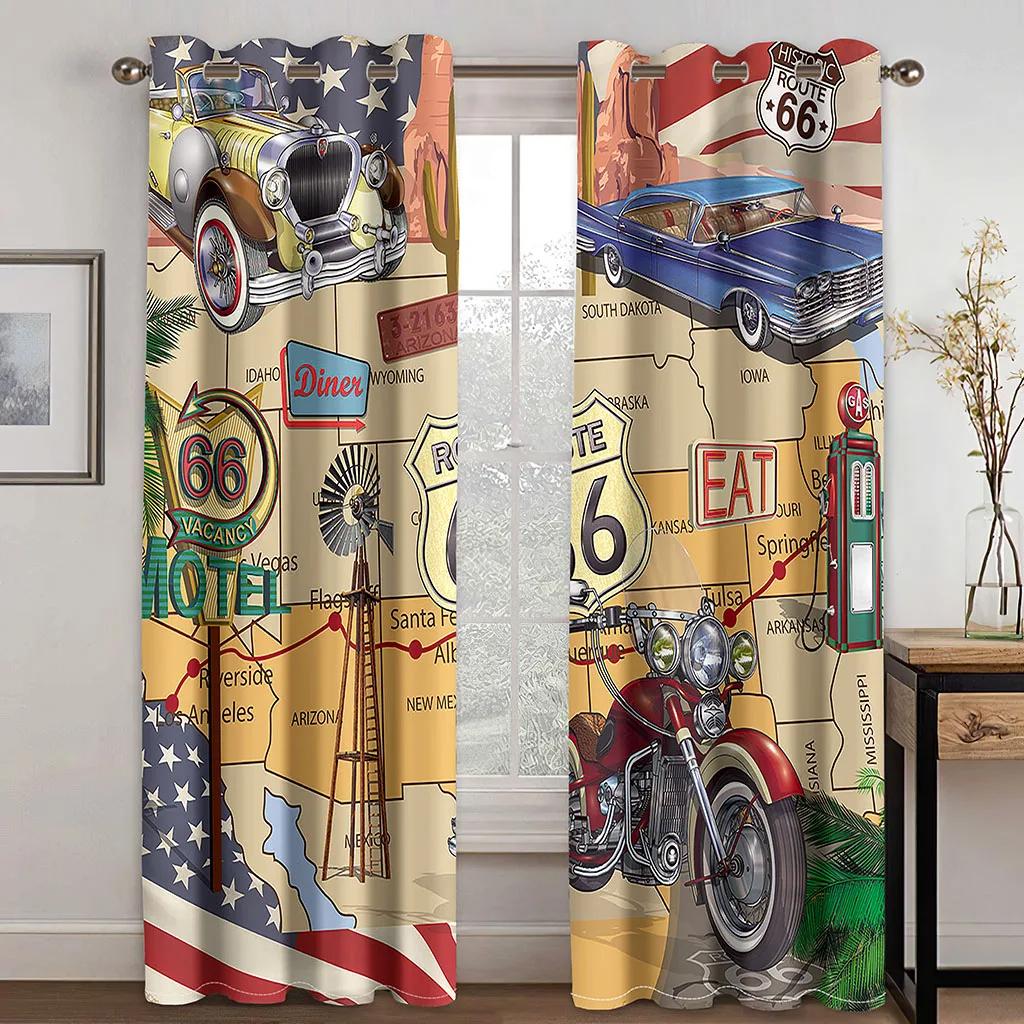 Vintage Car Motorcycle Retro Traditional Car Printed Clackout Drape Children Boys Girls Bedroom Space Space Living Room Bedroom Space Space Curtain