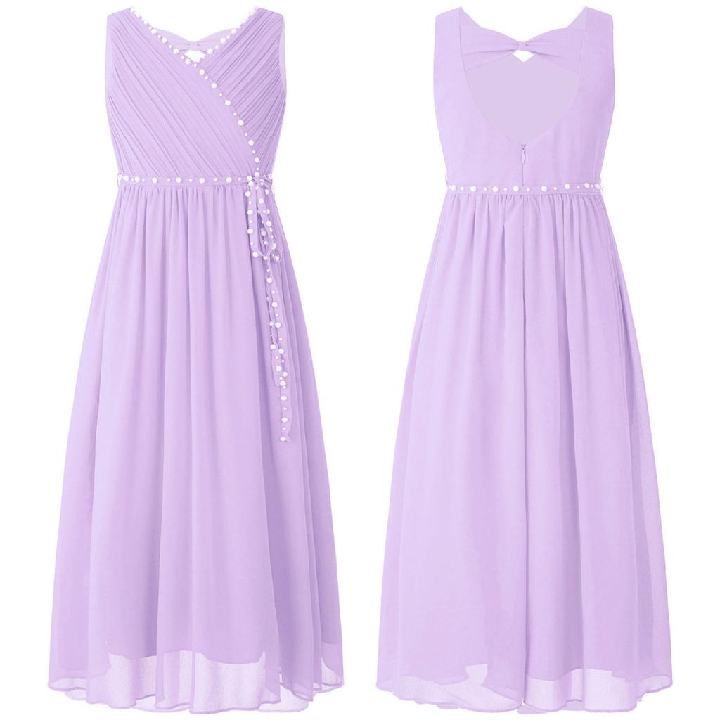 Flower Girls Dress Elegant Beaded Chiffon Party Summer Dress Ruched V Neck Sleeveless Dress for Bridesmaid Wedding