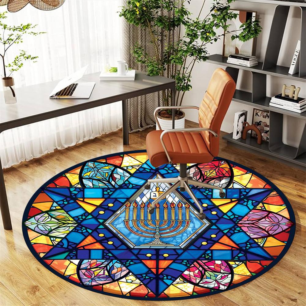 1pc Stained Glass Menorah Pattern Office Round Rugs, Under Chair Round Rugs for Living Room, Bedroom, Bathroom Decoration Carpet 091805