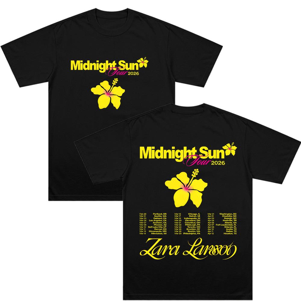 Z-Zara Larsson Midnight Sun Tour 2026 Футболки с коротким рукавом Хлопок Мужская футболка Повседневная Мода Унисекс Уличная одежда Хип-хоп Одежда