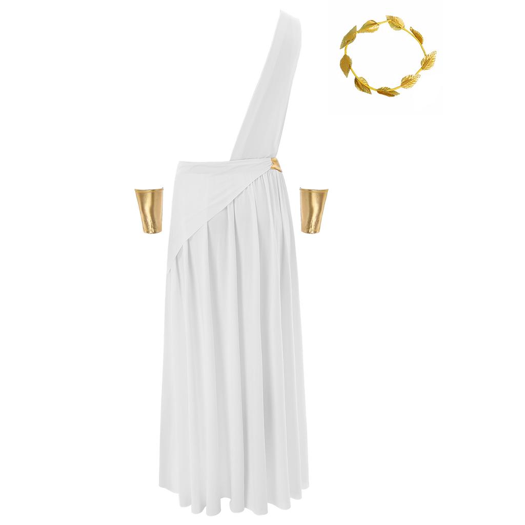 Mens Ancient Greek Costume Long Skirt Toga Set Wristbands Gold Leaf Headwear Halloween Cosplay Party Outfit