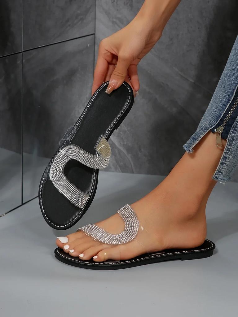 Fashion Rhinestone Shoes Female 2025Flat Bottom Large Size Slippers Round Head Open Toe Lightweight Non-slip Casual Beach Ladies Sandals