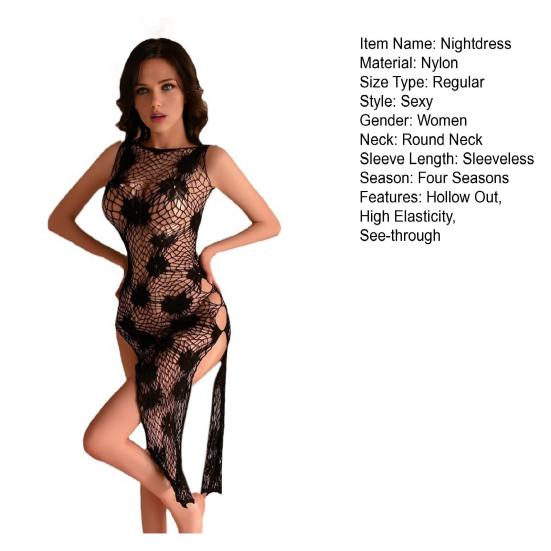 Женская сексуальная ночная рубашка с вырезом, прозрачная, сетка, без рукавов, с цветочным принтом, высокая эластичность, тонкая