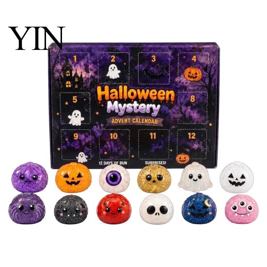 Desktop Stress Toys Halloween Advent Calendar, 12 Day Countdown with Soft Bun Squeeze TPR Sensory Toys, Includes Ghost Pumpkin Fidget for Relief
