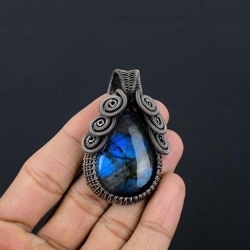 Подвеска ручной работы из лабрадорита с голубым отблеском, украшения из натуральных драгоценных камней, подвеска, обернутая медной проволокой 999 пробы, для подарка