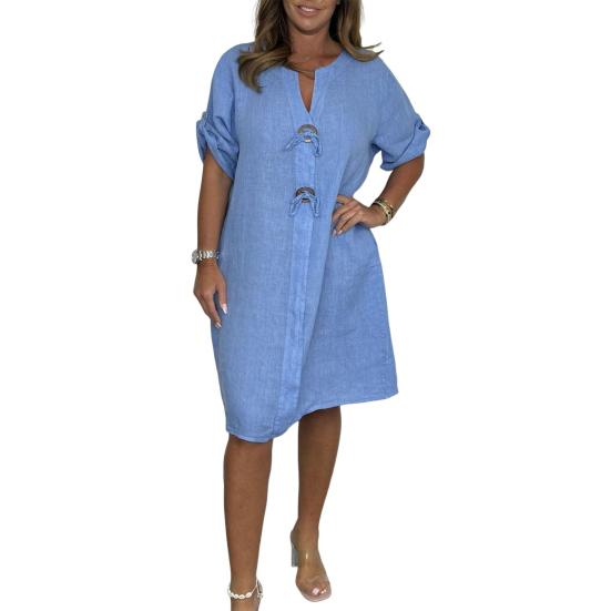 Лето Осень Женское Платье V-образный вырез рукава три четверти Свободный Плюс Размер Длина Колена Ретро Повседневный