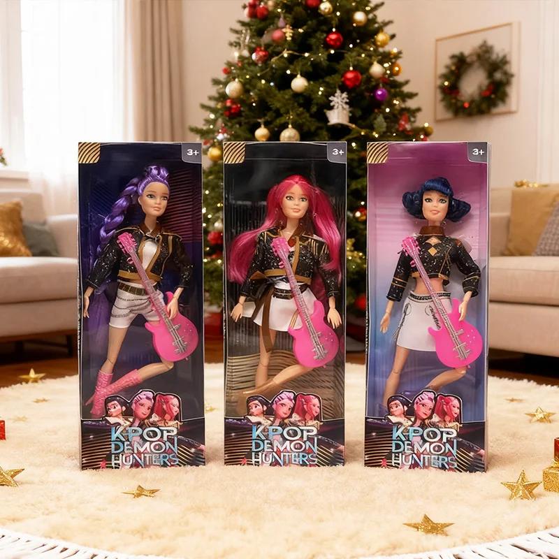 %%Рождественский подарок Кукла Аниме K-Pop Кукла Охотники на демонов Руми/Мира/Зои Игрушка с розовой гитарой Красочная подсветка и тематическая песня