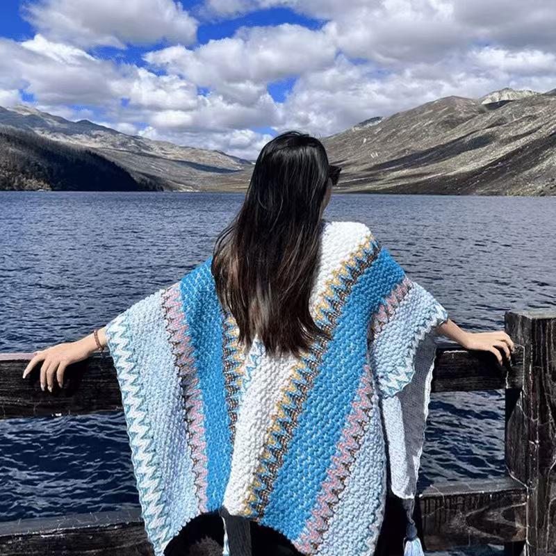 Женская вязаная шаль-накидка в этническом стиле - Верхняя одежда, вдохновленная путешествиями по Юньнаню, Сычуани, Тибету и Синьцзяну