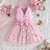 Girls Fashion Dress 2025 Summer Children's Elegant Bow Flower Embroidery Mesh Princess Dress