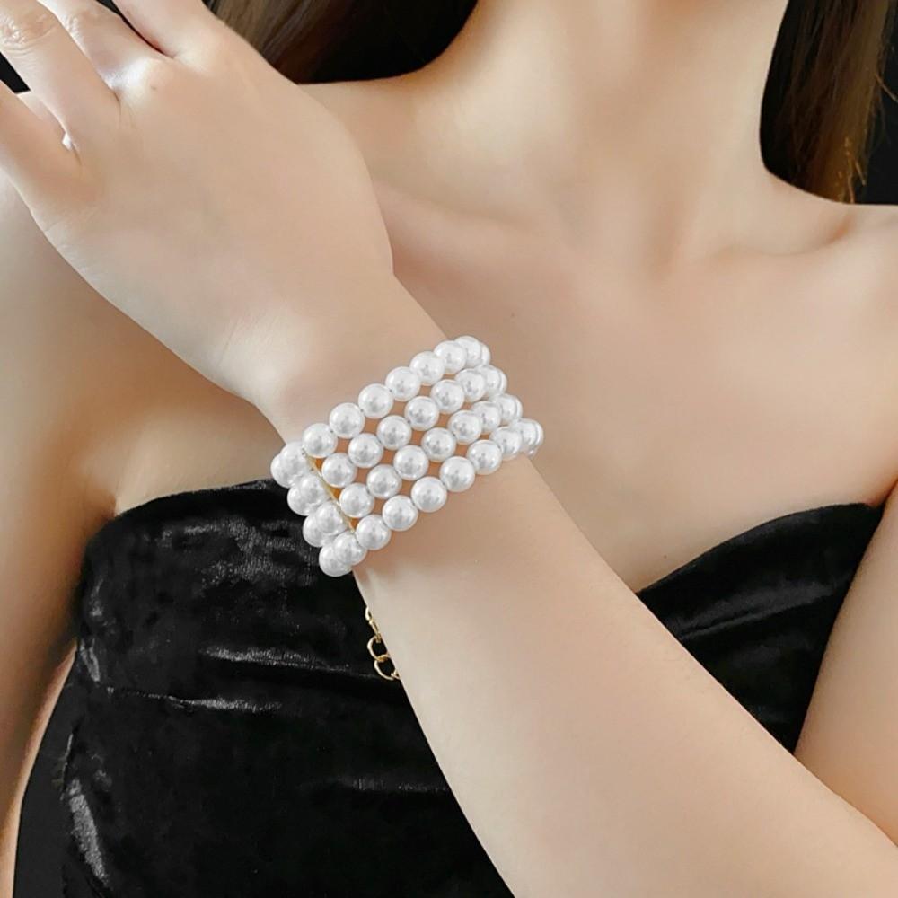 Ornaments Pearl Four Layer Necklace Fashion Jewelry Wide Cuff Bangles Versatile Bracelets Set Gift