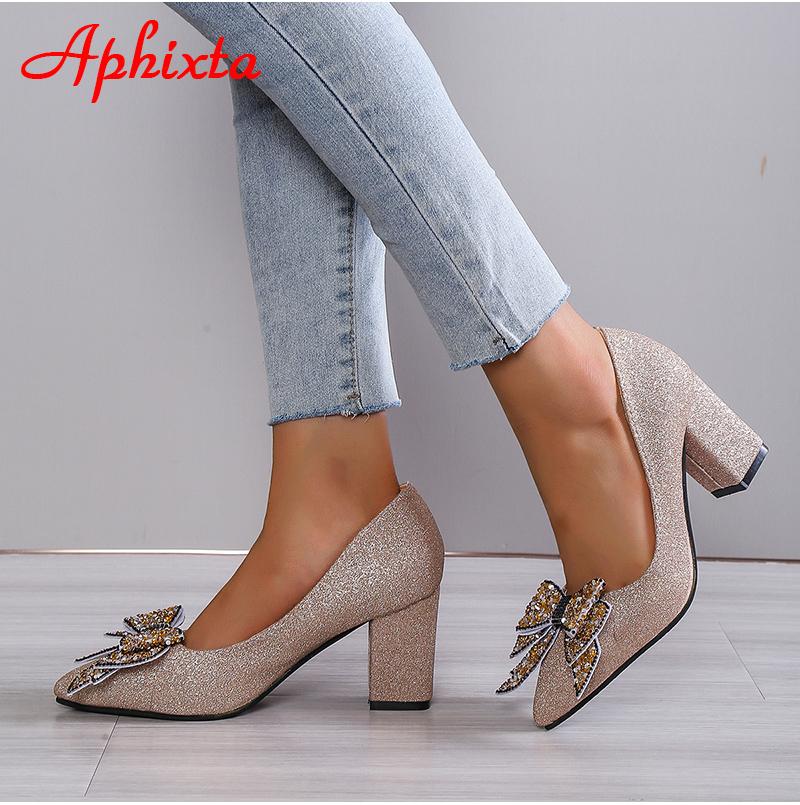Fashion Aphixta New Appliques 7cm Square Heel Shoes Women Pumps Bling Butterfly-knot Flowers Officile Pointed Toe Super Big Size 49 50