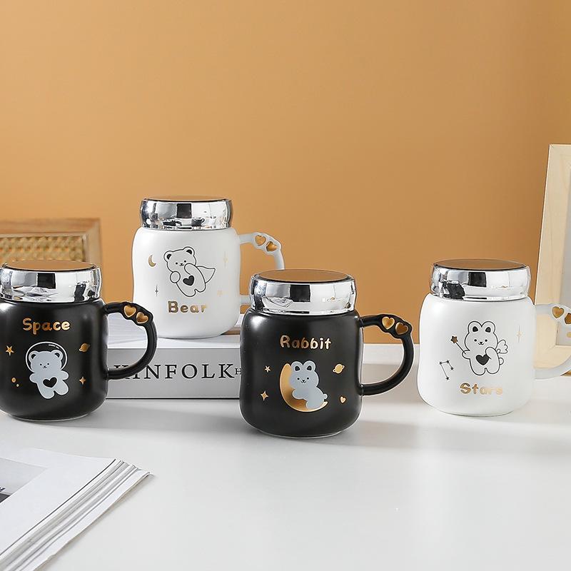 Пара керамическая чашка с крышкой, зеркальная чашка, милая кружка в виде медведя, девушка, большая емкость для воды, студенческая чашка