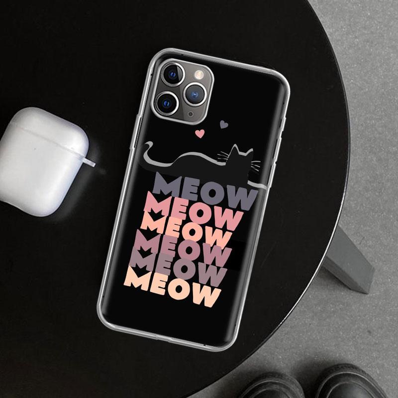 Аниме Милый Черный Кот Мяу Чехол для Телефона для iPhone 11 12 13 Mini 14 15 Plus 16 Pro Max 17 Air 7 8 + SE Арт Индивидуальный Fundas