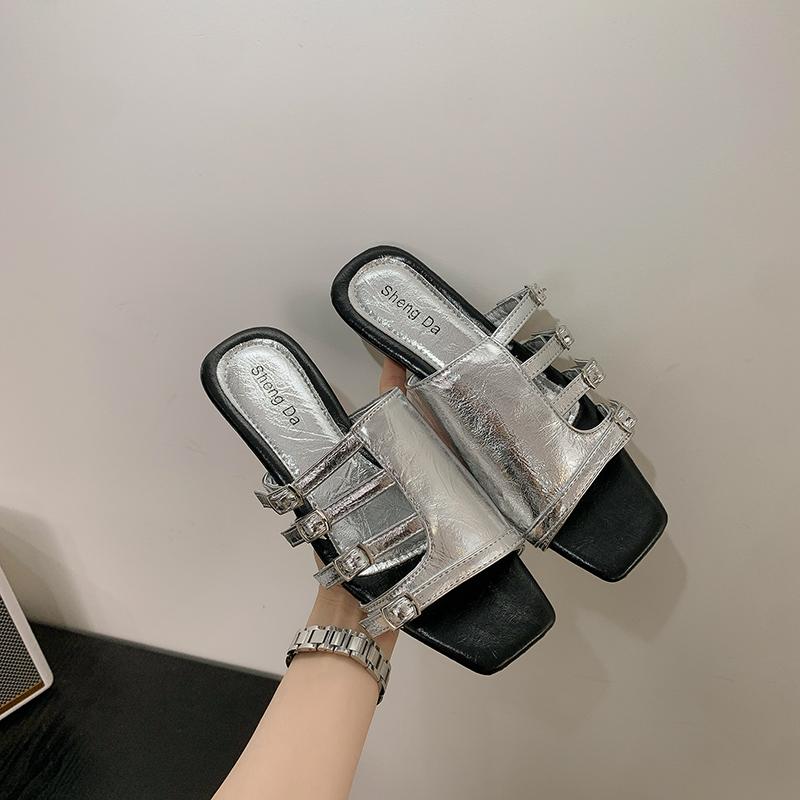 Fashion New Retro Square Toe Flat Fashion Slippers Women's 2025 Summer New Fairy Style Belt Buckle One-word Belt