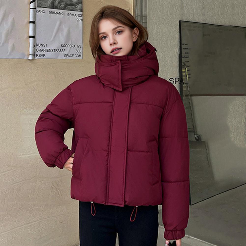 Winter Women Cotton Jacket Stand Collar with Hood Neck Short Type Pockets Zipper Closure Padded Coat Solid Color Wind