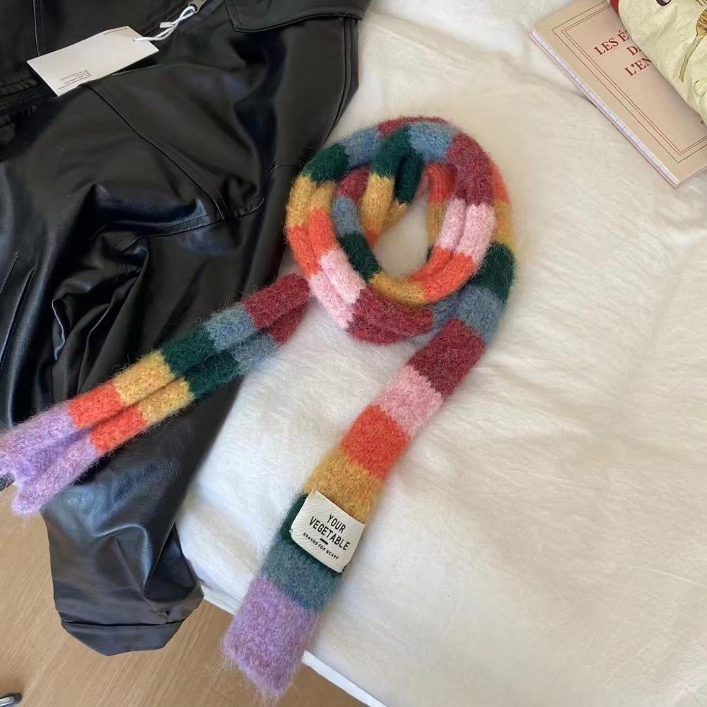 Knitted Wool Sausage Thin Scarf With Warm Color Splicing Contrast Rainbow Color Scarf Winter