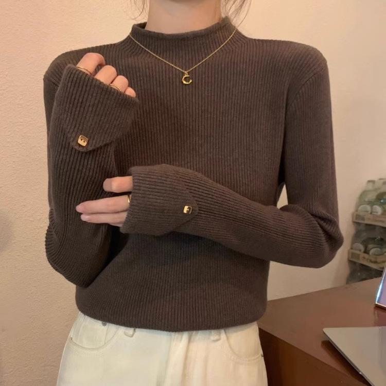 Кофейного цвета полувысокий ворот вязаный базовый свитер для женщин осень и зима тонкий внутренний свитер верх