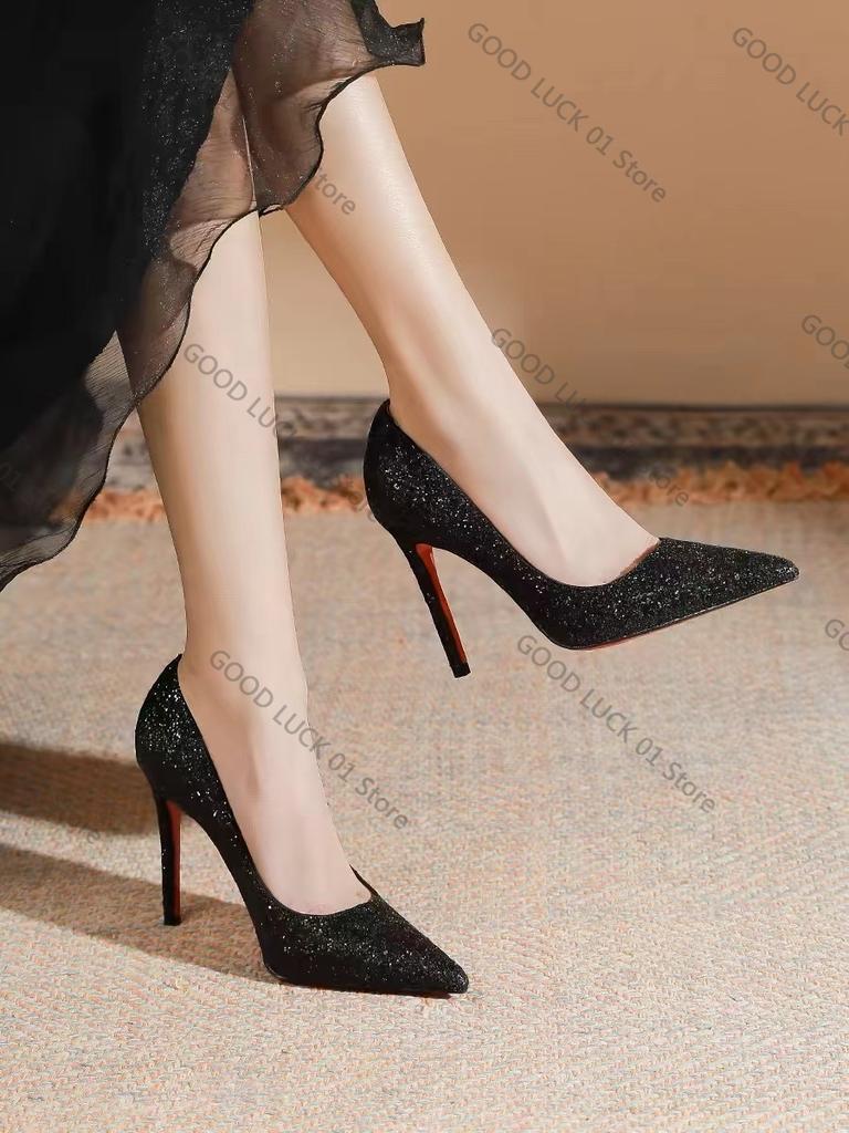 Fashion Fashion European Sexy Nightclub Slim High Heels Oversized Red Sole Women's Wedding Sequin Pointed Stiletto Heels Large Size 43