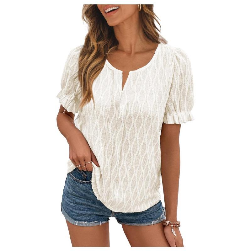 Женская футболка весна-лето с V-образным вырезом и рукавами-фонариками из жаккарда для отдыха, свободная, с короткими рукавами