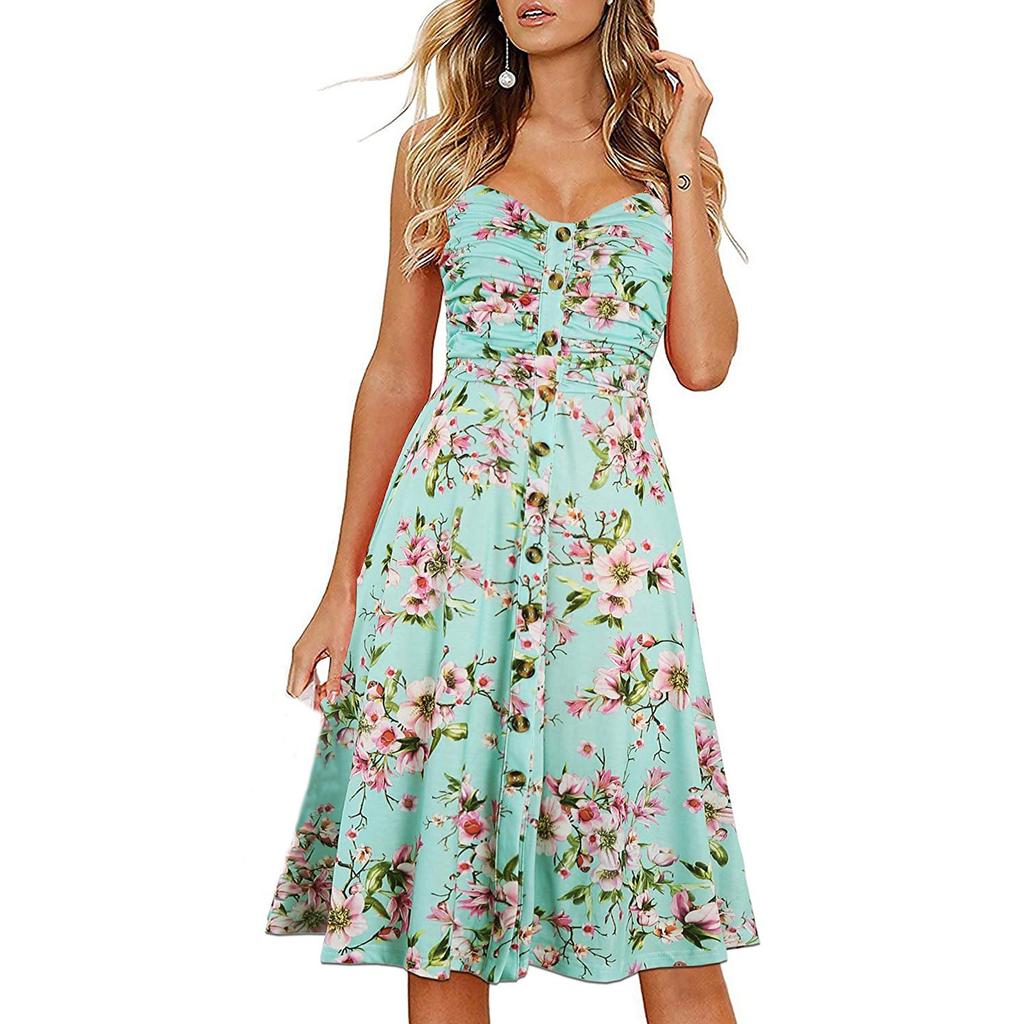 Fashion Women's Casual V-Neck  Printed Button Straight Knee Length Dress