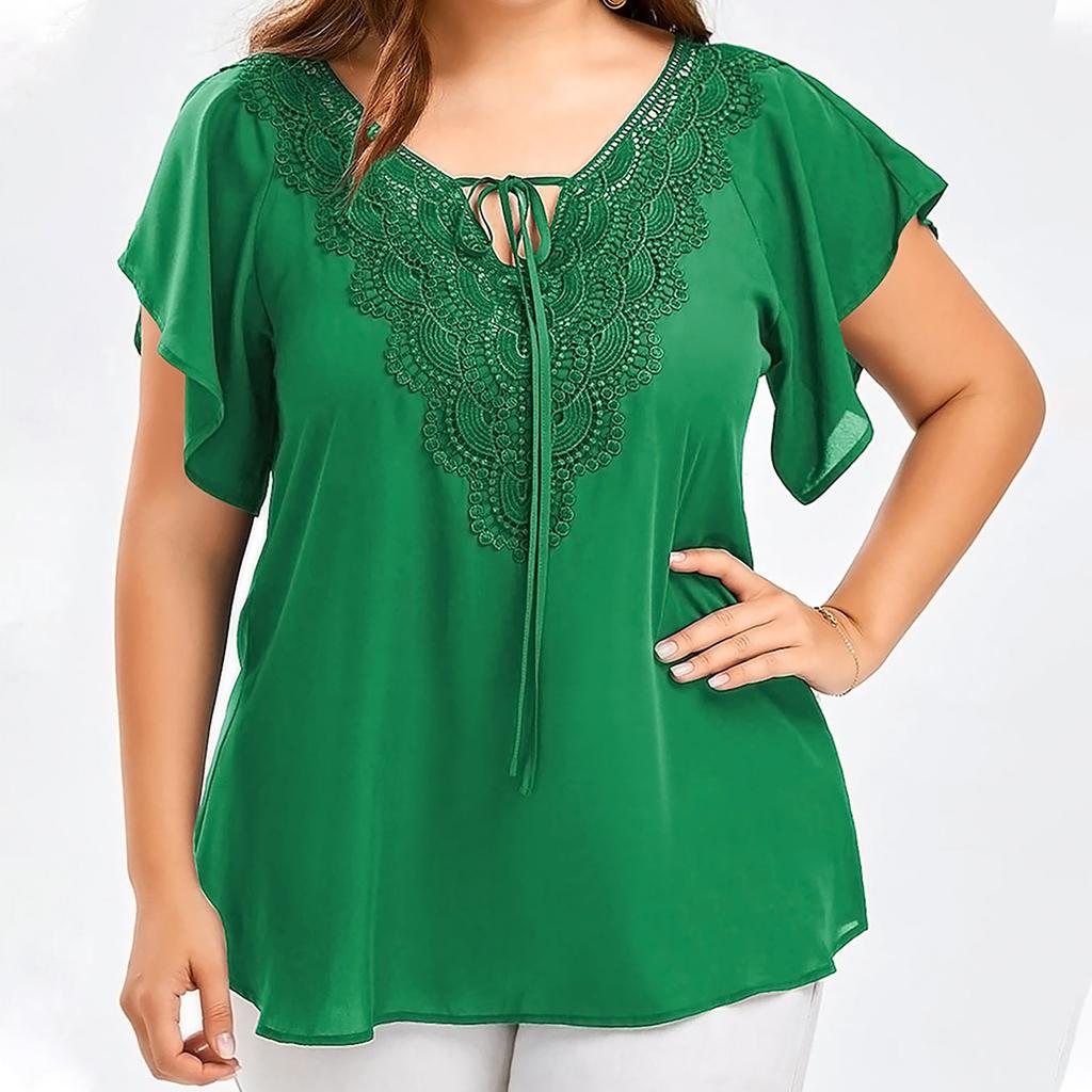 Women Fashion Plus Size Lace T-Shirt Blouse  Short Sleeve Tops