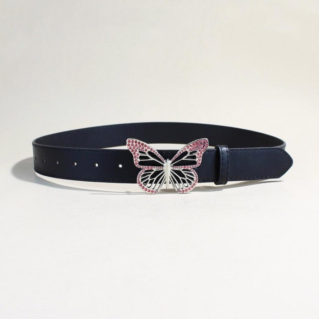 Elegant PU Leather Waist Belt Waist Ornament Decorative Sash Feature Rhinestone Butterfly Buckle for Fashion Women
