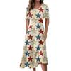 Ladies Casual Fashion Print V-Neck Short Sleeve Waist Long Swing Dress