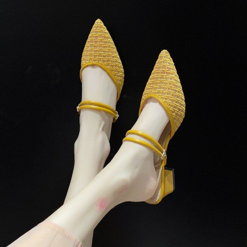 Желтые мюли сандалии для женщин блочный каблук острый носок женская обувь на распродаже высокое качество лето противоскользящие горячие повседневные дизайнерские ПВХ
