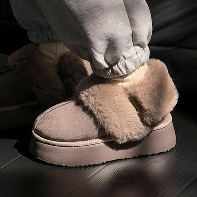 Модные домашние меховые тапочки с ремешком для женщин 2024 года, зимние толстые плюшевые домашние тапочки для женщин на платформе, теплые тапочки из искусственного меха и хлопка