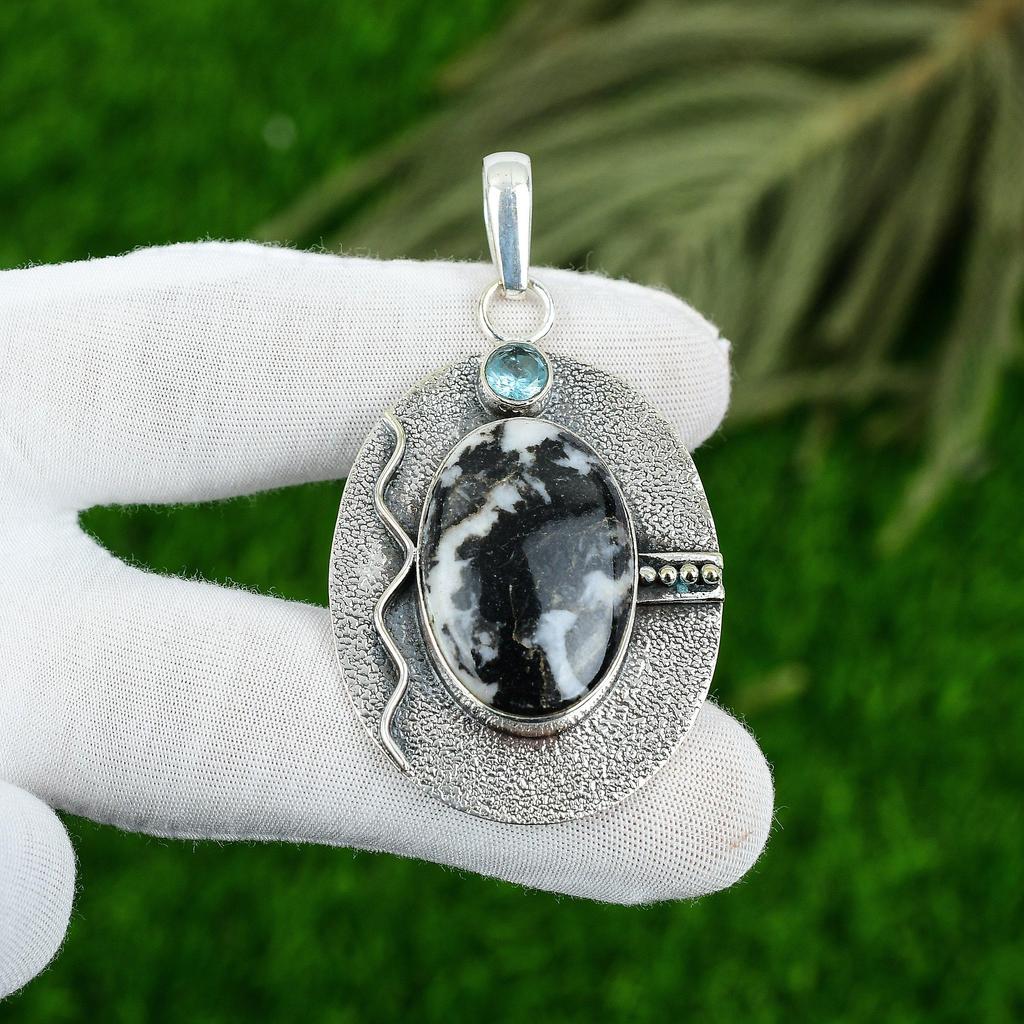Oval Natural Zebra Jasper Topaz Sister Handcrafted Pendant Jewelry 925 Silver