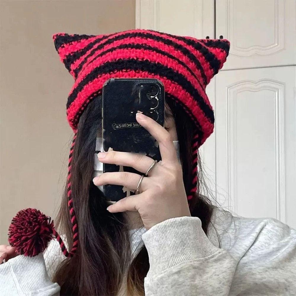 Шерстяная вязаная полосатая шапка-бини с милыми кошачьими ушками, остроконечная шапка-пуловер, вязаные шерстяные шапки, женская