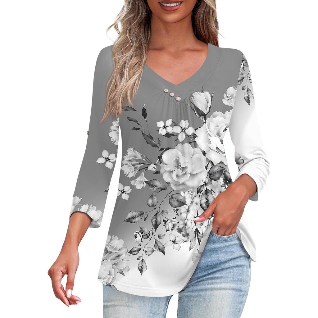 Рубашки для женщин, модные футболки на пуговицах с v-образным вырезом, повседневные летние футболки с принтом, футболка, блузка, топы с рукавами три четверти для женщин