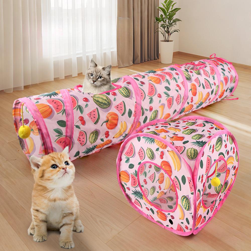 Foldable Long/Square Cat Tunnel Toy Summer Fruit Print Interactive Cat Tunnel with Rolling Ball Fun Pet Playground Cubes