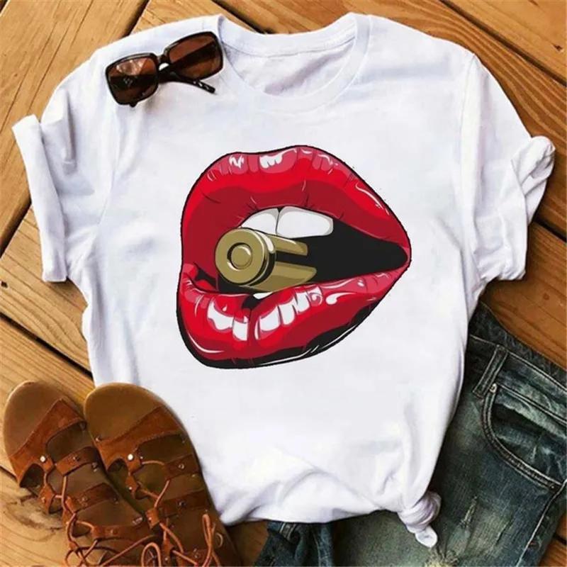 Модная женская футболка унисекс с принтом губ, повседневная, с коротким рукавом и круглым вырезом, свободная женская футболка, женская футболка, топы, одежда, женские футболки