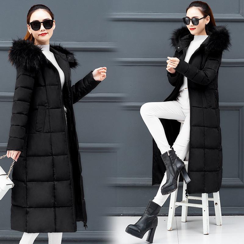 Women's cotton-padded clothes in autumn and winter, new extended over-knee down cotton-padded clothes, women's large size loose solid color fur-colla