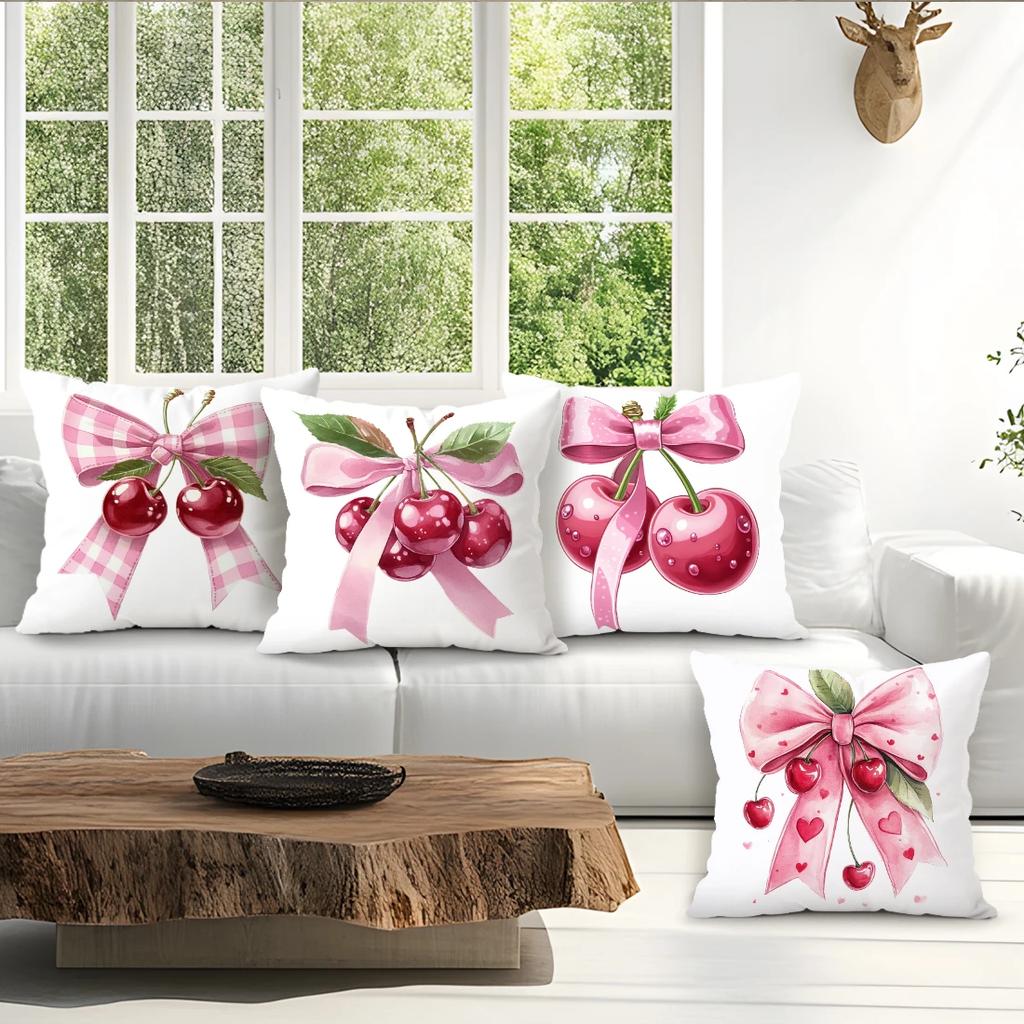 4Pcs Bow Cherry Print Single-Sided Cushion Cover For Living Room Bedroom Car Home Decor