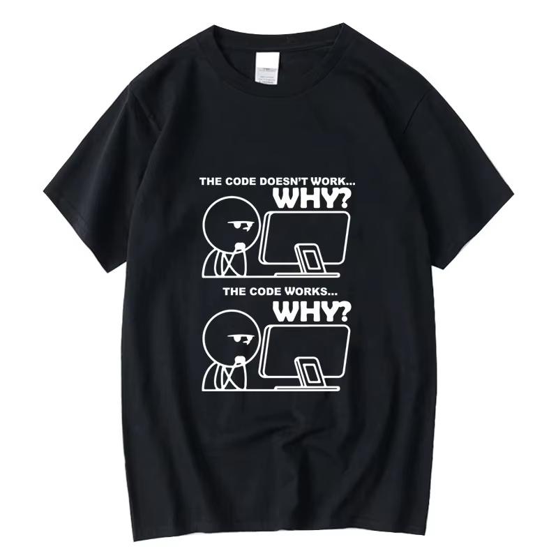Креативная Забавная Программист Код Работает Почему Мем Принт Футболка Camiseta Hombre Операционная Система Linux Модная Уличная Одежда Для Подарка