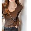 Women's Slim Fit Velvet U-Neck Long Sleeve Top
