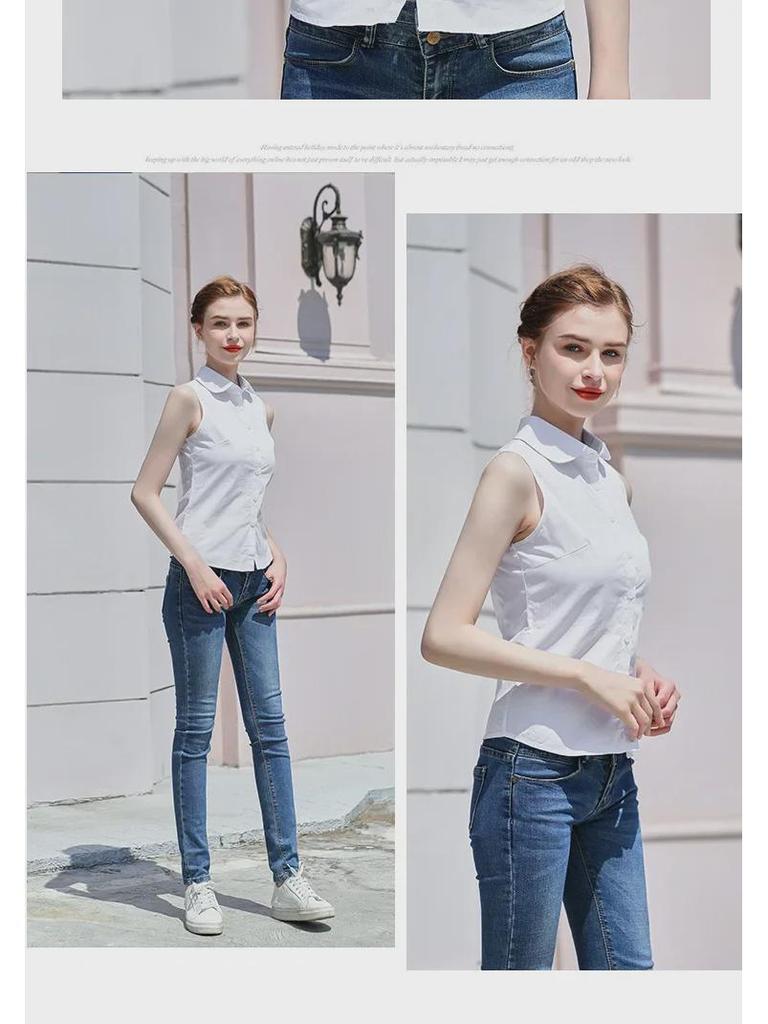 Women's White Sleeveless Slim Fit Korean-Style Blouse - Professional Summer Cotton Top