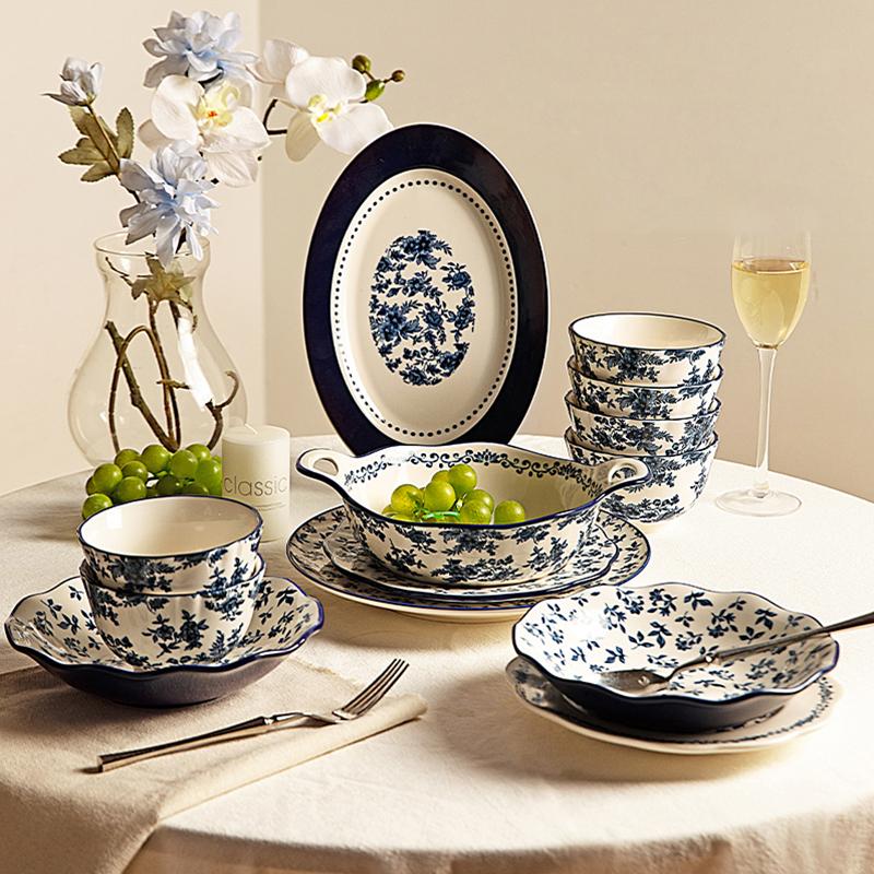 Ретро Синие Цветы Керамическая Тарелка Свет Роскошь Романтический Ресторан Вкусные Паста Стейк Тарелки Домашний Завтрак Фрукты Салат Тарелка