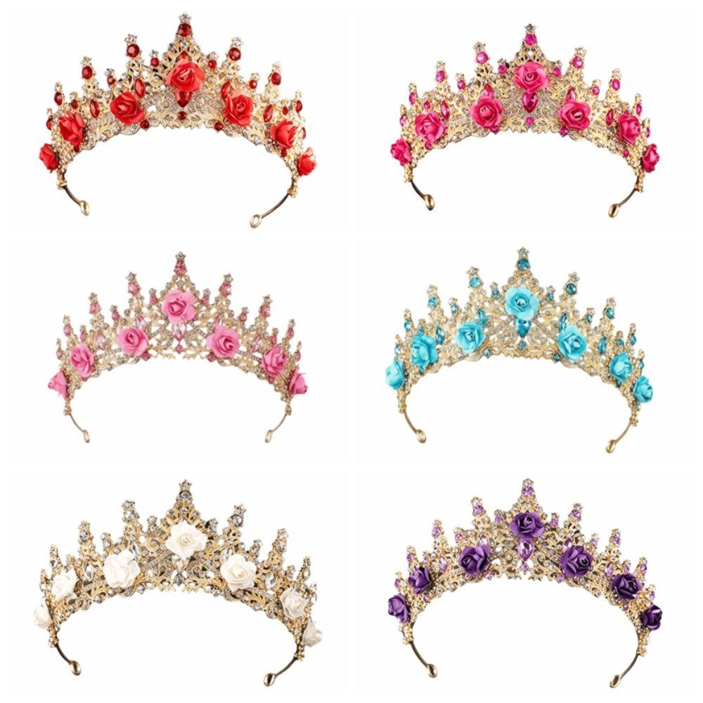 Metal Princess Floral Tiara Rose Flower Shiny Rhinestone Crown Luxury Baroque Crown Prom