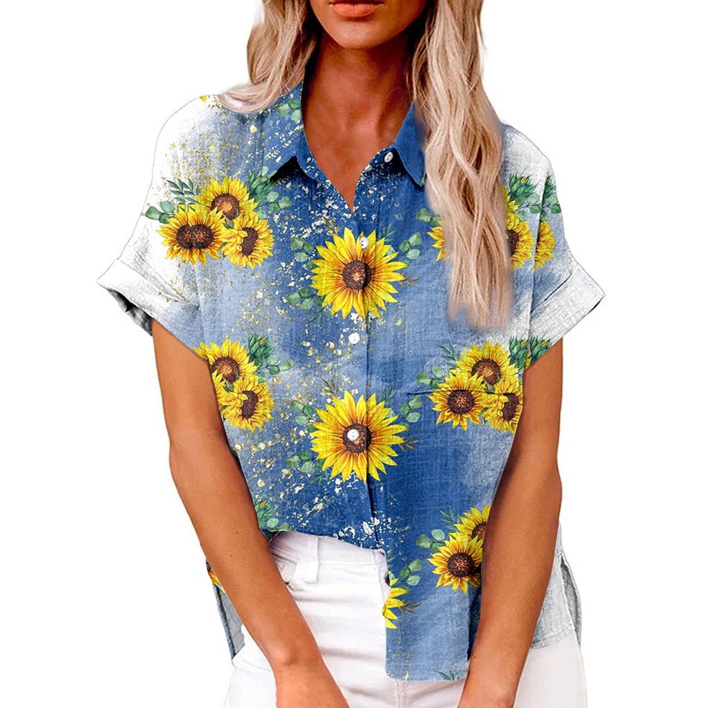 Женская модная свободная повседневная рубашка с коротким рукавом и отворотом на пуговицах, футболка с принтом, топ