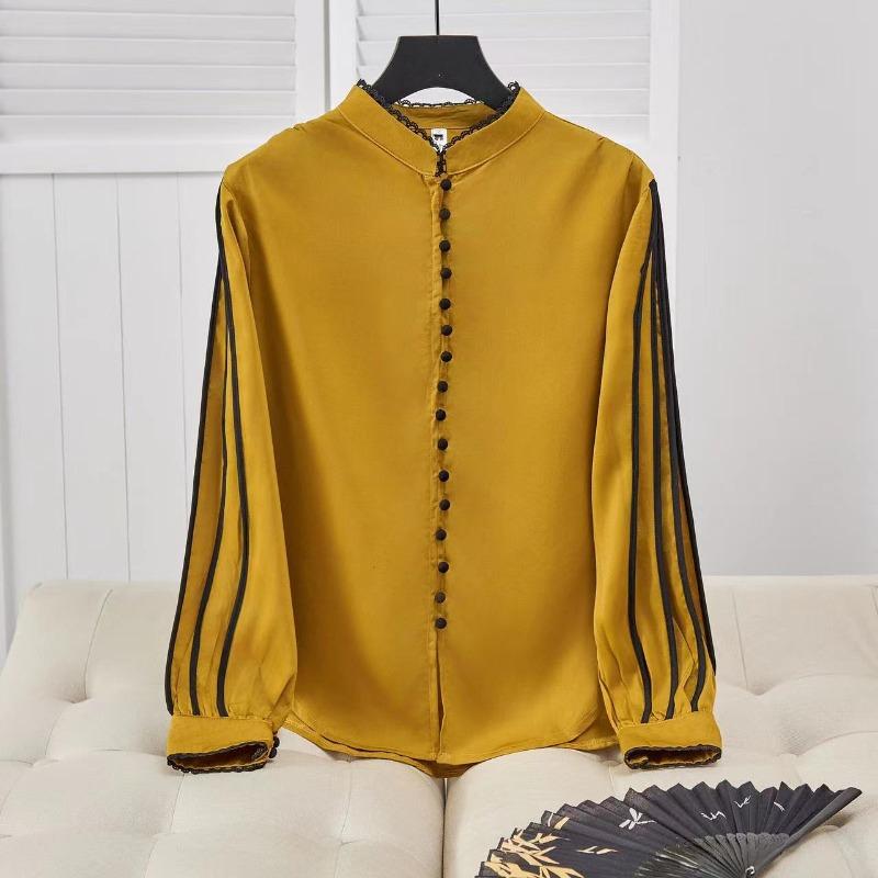Элегантная мода повседневная однотонная атласная рубашка на пуговицах осенняя рубашка с воротником-стойкой и длинным рукавом свободные пуловеры топы женская одежда