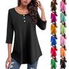 3/4 Sleeve Shirts For Women Solid Color Round Neck Button Up Casual T-shirt With Curved Hem Top