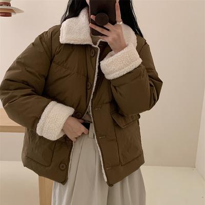 Женский короткий пуховик из овчины с вставками, зима 2025, новый, милый, утолщенный, пуховик из пуха белой утки