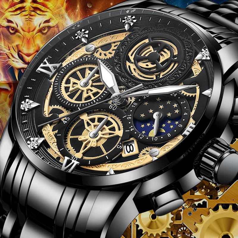 VA VA VOOM Hollow Calendar Men's Watch Multifunctional Diamond Inlaid Steel Band Waterproof Watch